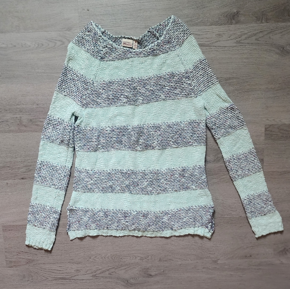 Mudd Junior's Blue Long Sleeve Striped Crewneck Pullover Casual Sweater Medium M